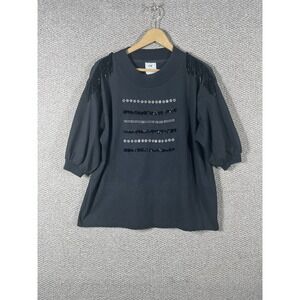 Vintage Wearable Art Blouse Womens Black Beaded Rhinestones Sequins Puff Sleeves